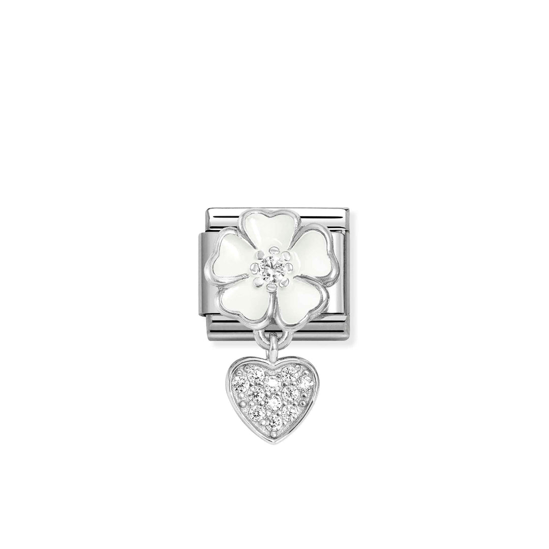 Niche Jewellery Nomination silver charm featuring a white enamel flower and a sparkling cubic zirconia heart dangle.