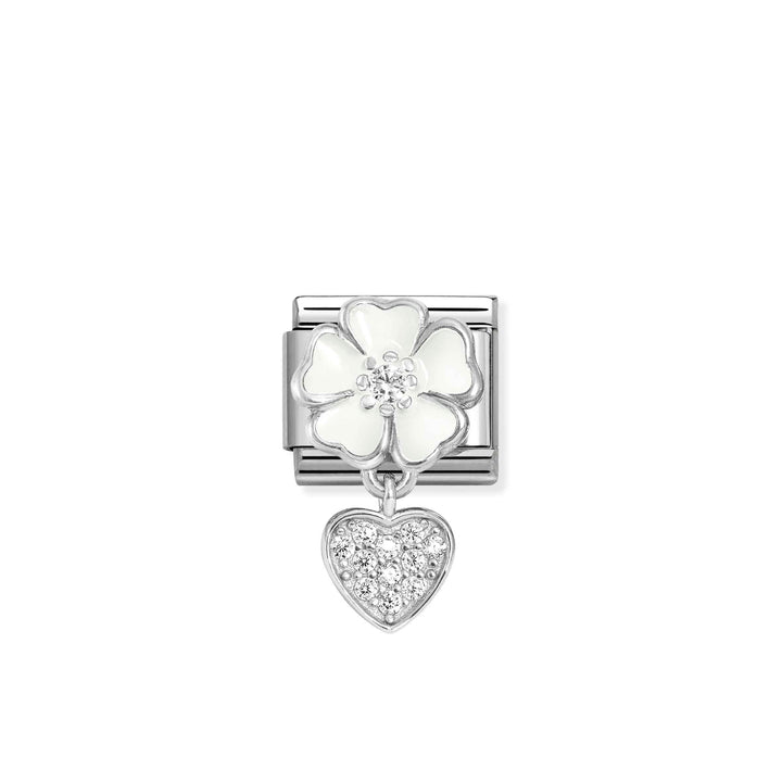 Niche Jewellery Nomination silver charm featuring a white enamel flower and a sparkling cubic zirconia heart dangle.