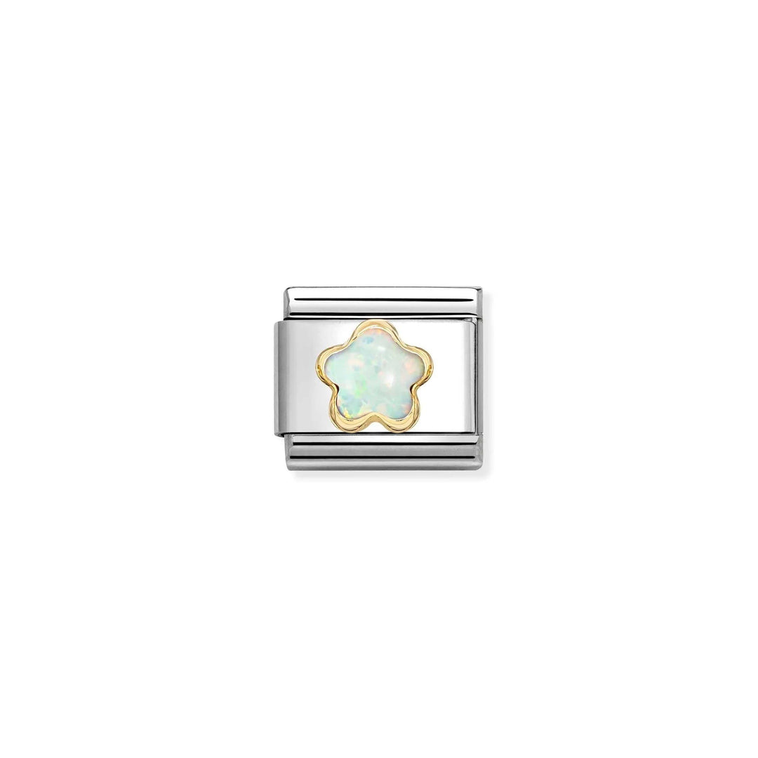 Niche Jewellery Nomination gold flower charm featuring a white opal stone set in stainless steel and 18k gold.