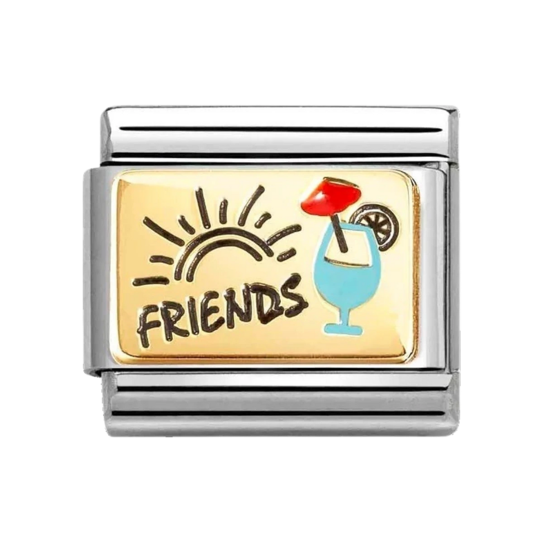 Niche Jewellery Nomination gold and enamel Friends charm featuring a cocktail and sun motif on stainless steel base.