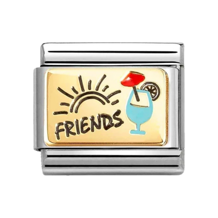 Niche Jewellery Nomination gold and enamel Friends charm featuring a cocktail and sun motif on stainless steel base.