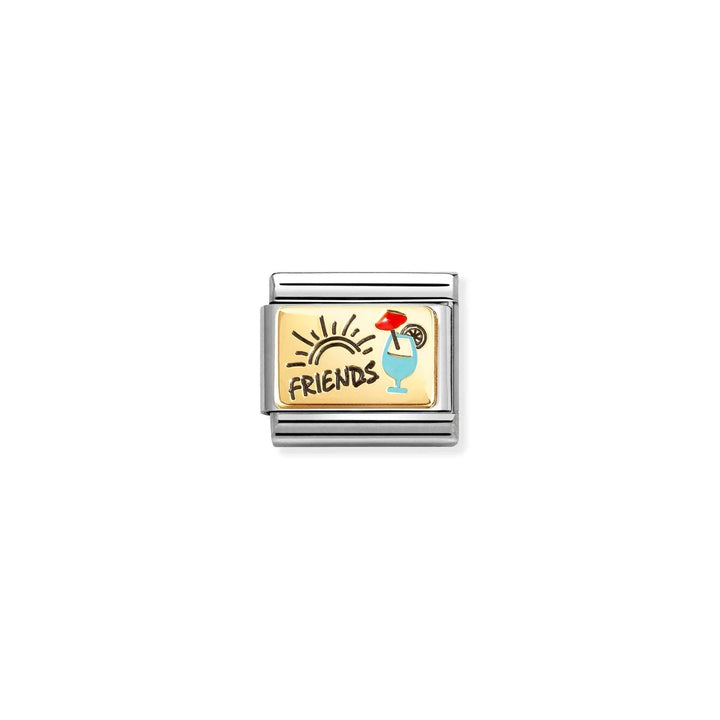 Niche Jewellery Nomination gold and enamel Friends charm featuring a cocktail and sun motif on stainless steel base.