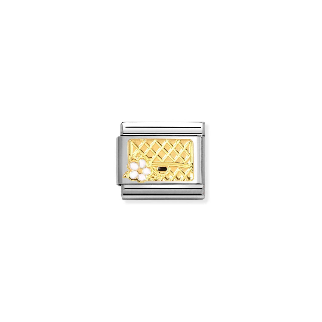 Niche Jewellery Nomination Classic charm featuring a gold handbag design with a delicate white flower detail.