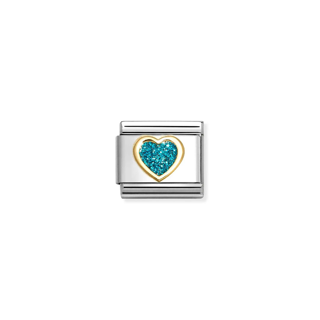 Niche Jewellery Nomination charm featuring a stainless steel link with an 18k gold heart and light blue glitter enamel.
