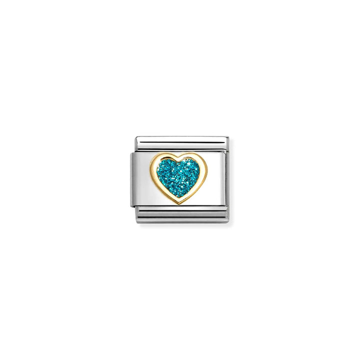 Niche Jewellery Nomination charm featuring a stainless steel link with an 18k gold heart and light blue glitter enamel.