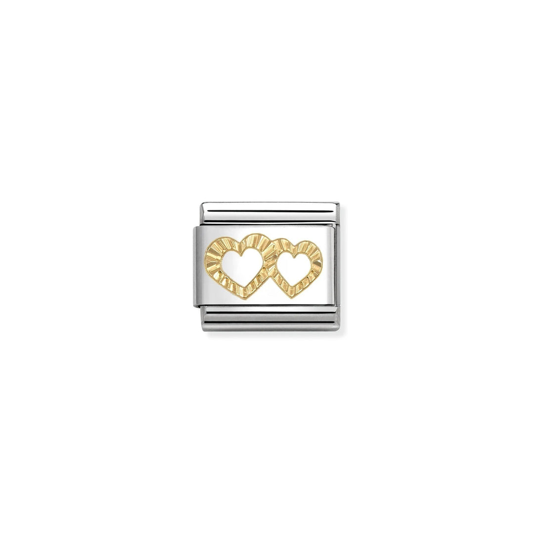 Niche Jewellery Nomination charm featuring two etched 18k gold hearts on a stainless steel link for bracelets.
