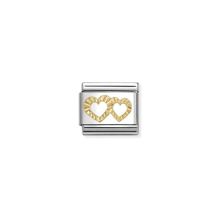 Niche Jewellery Nomination charm featuring two etched 18k gold hearts on a stainless steel link for bracelets.