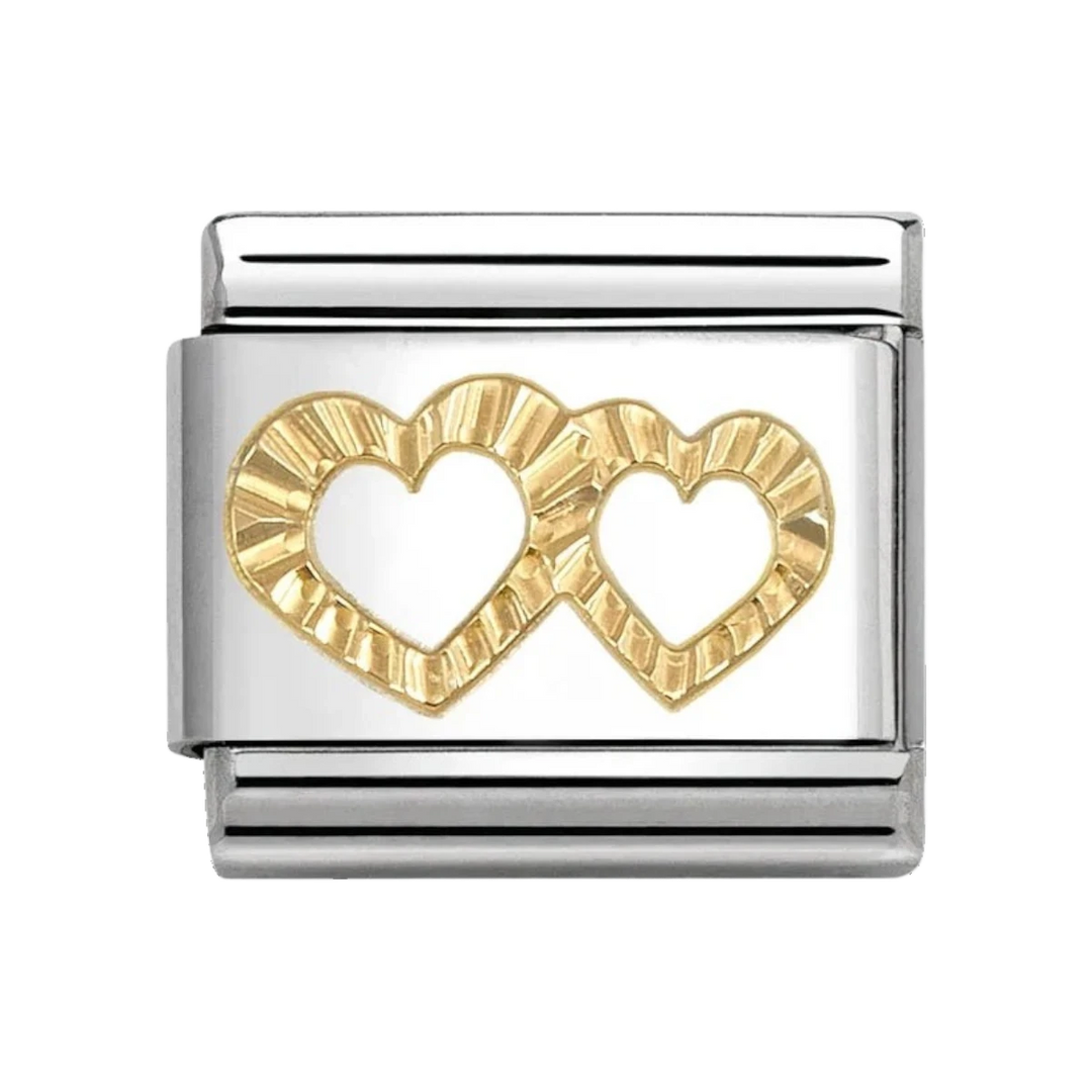 Niche Jewellery Nomination charm featuring two etched 18k gold hearts on a stainless steel link for bracelets.