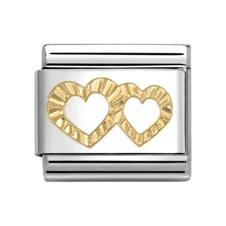 Niche Jewellery Nomination charm featuring two etched 18k gold hearts on a stainless steel link for bracelets.