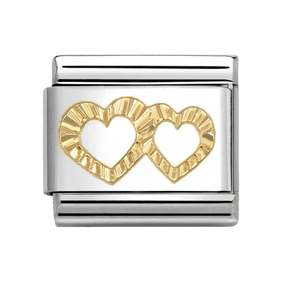 Niche Jewellery Nomination charm featuring two etched 18k gold hearts on a stainless steel link for bracelets.