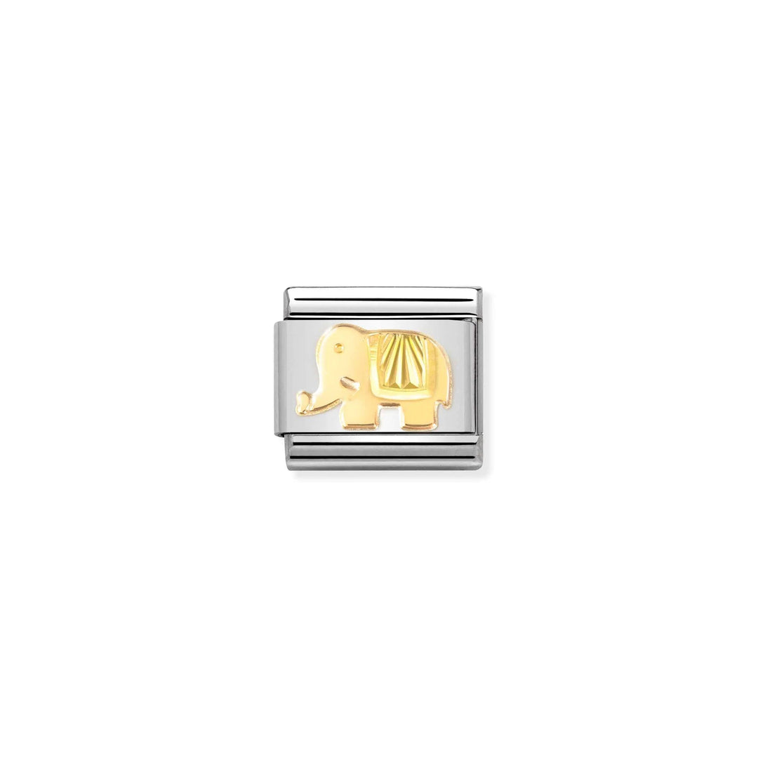 Niche Jewellery Nomination charm featuring a gold elephant with a sunray bezel on a stainless steel link.
