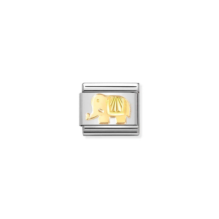 Niche Jewellery Nomination charm featuring a gold elephant with a sunray bezel on a stainless steel link.
