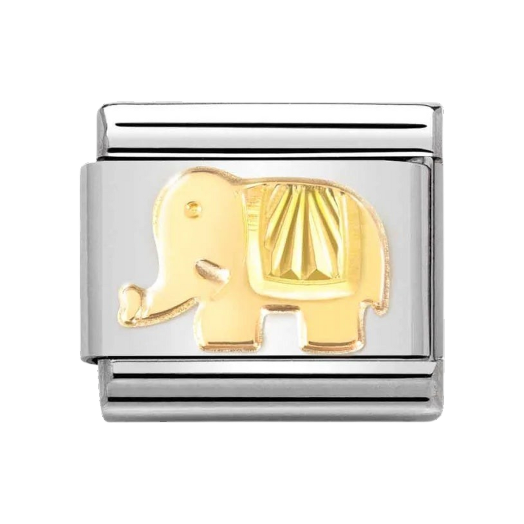 Niche Jewellery Nomination gold and stainless steel elephant charm with a sunray bezel design.