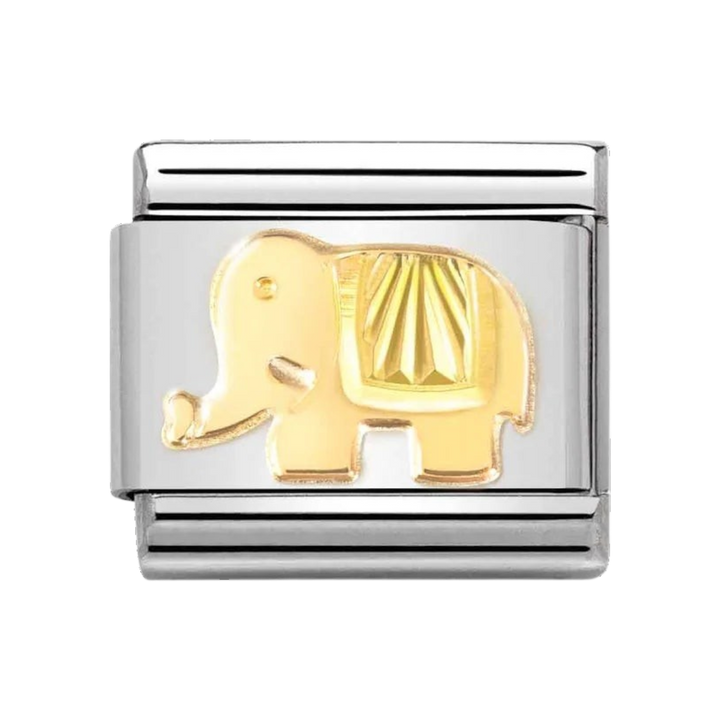 Niche Jewellery Nomination gold and stainless steel elephant charm with a sunray bezel design.