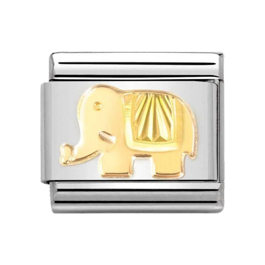 Niche Jewellery Nomination gold and stainless steel elephant charm with a sunray bezel design.