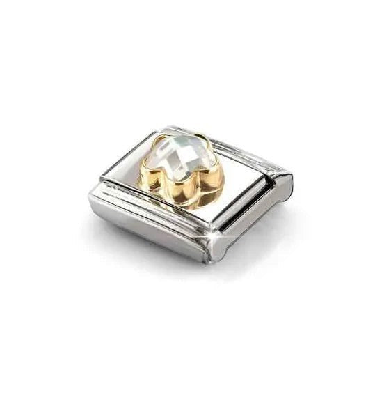 Niche Jewellery Nomination gold faceted white flower charm in stainless steel and 18k gold for classic bracelets.
