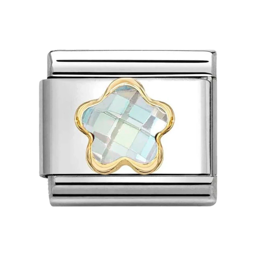 Niche Jewellery Nomination gold faceted flower charm in white with stainless steel and 18k gold detailing.