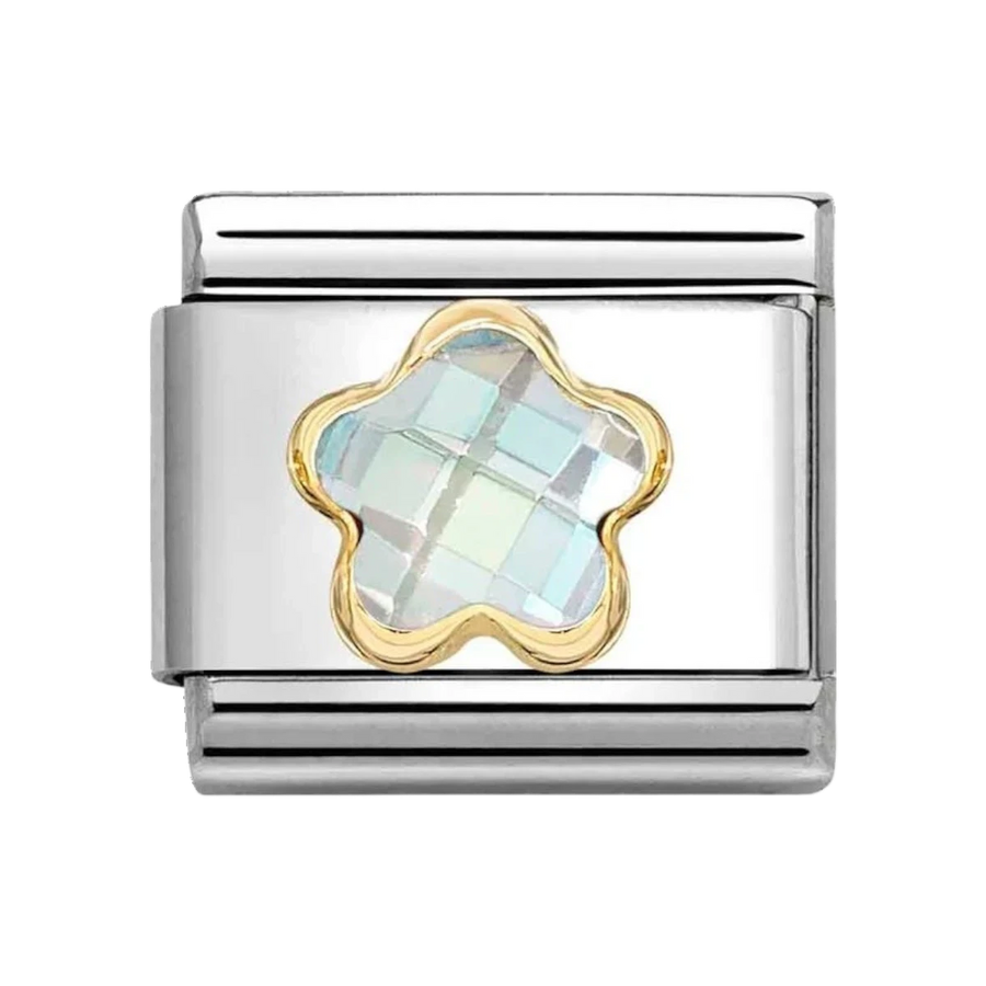 Niche Jewellery Nomination gold faceted flower charm in white with stainless steel and 18k gold detailing.