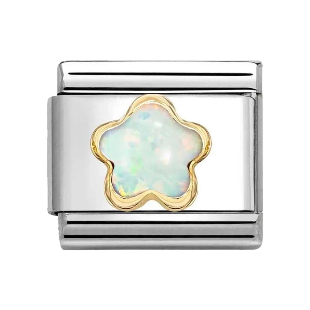 Niche Jewellery Nomination gold flower charm featuring a white opal stone set in stainless steel and 18k gold.