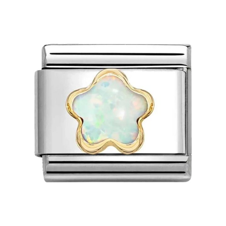 Niche Jewellery Nomination gold flower charm featuring a white opal stone set in stainless steel and 18k gold.