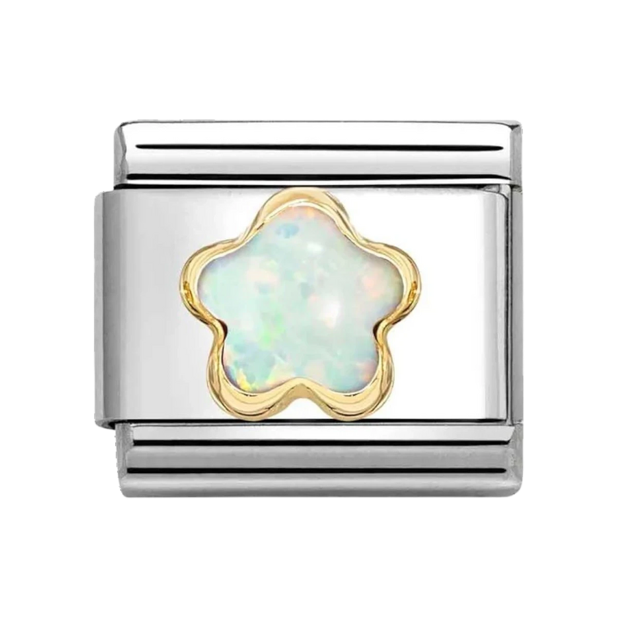 Niche Jewellery Nomination gold flower charm featuring a white opal stone set in stainless steel and 18k gold.