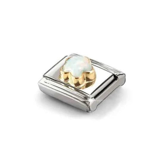 Niche Jewellery Nomination gold flower charm featuring a white opal stone set in stainless steel and 18k gold.