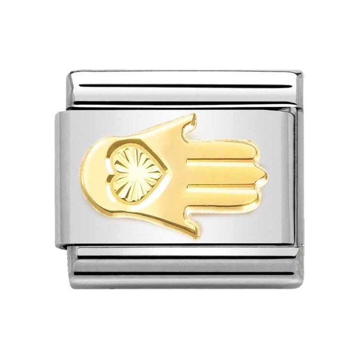 Niche Jewellery Nomination charm featuring a gold hamsa hand symbol with a sunray detail on a stainless steel link.