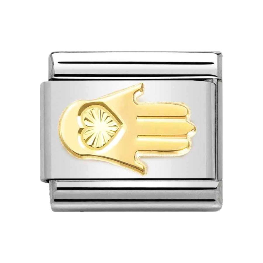 Niche Jewellery Nomination charm featuring a gold hamsa hand symbol with a sunray detail on a stainless steel link.