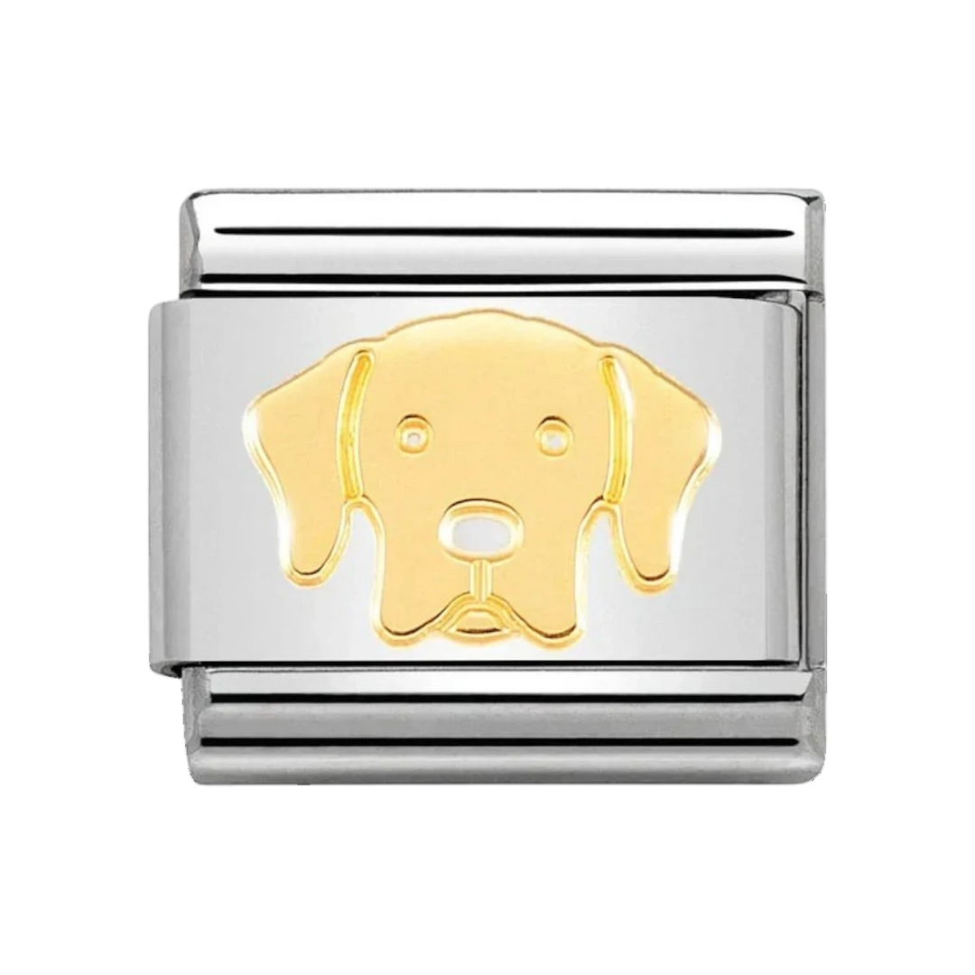 Niche Jewellery Nomination Labrador dog charm in stainless steel with an 18k gold Labrador head design.