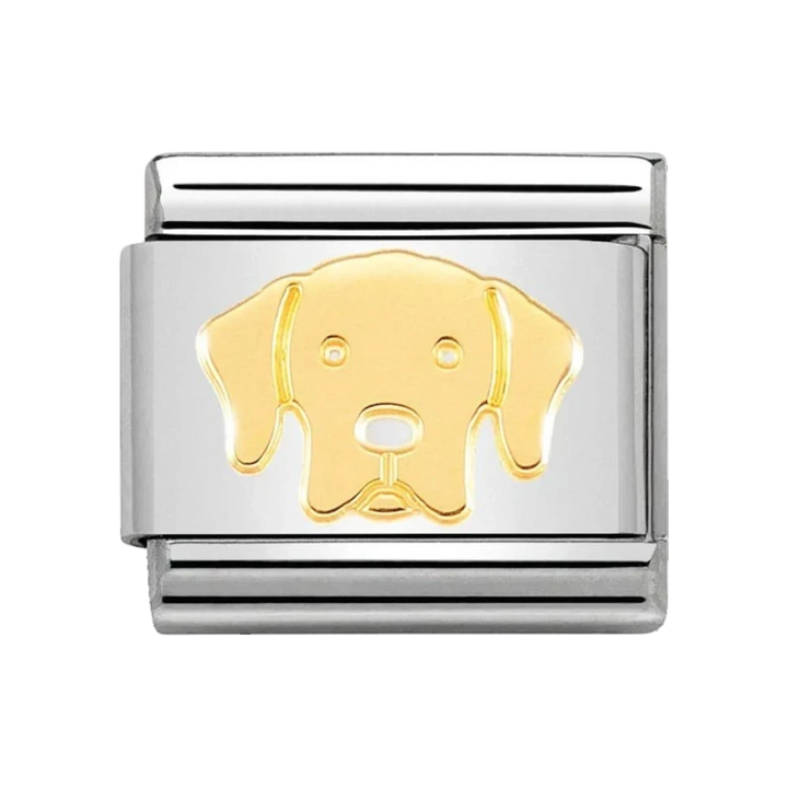 Niche Jewellery Nomination Labrador dog charm in stainless steel with an 18k gold Labrador head design.
