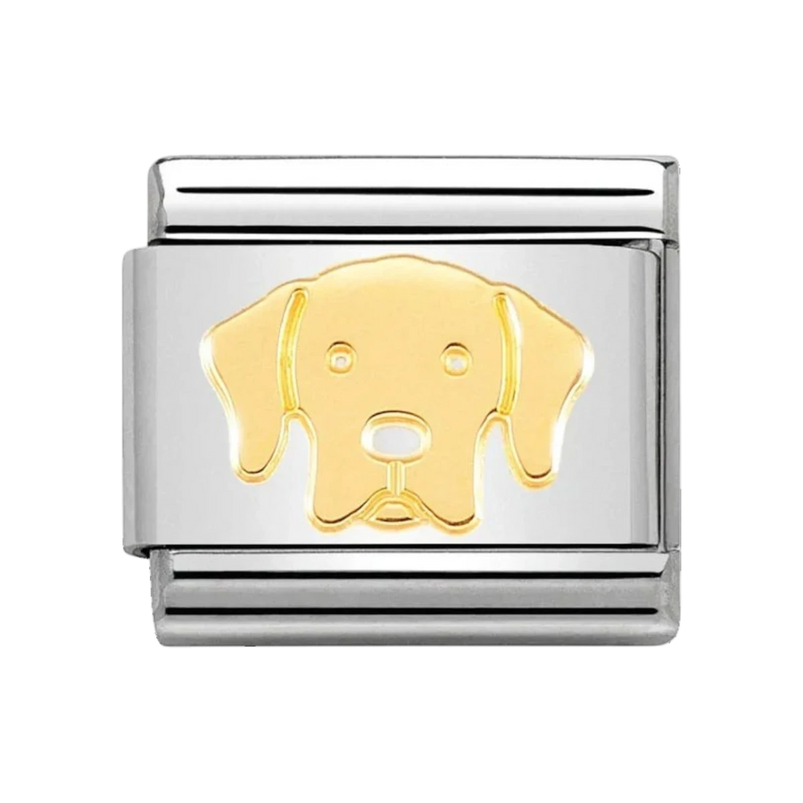 Niche Jewellery Nomination Labrador dog charm in stainless steel with an 18k gold Labrador head design.
