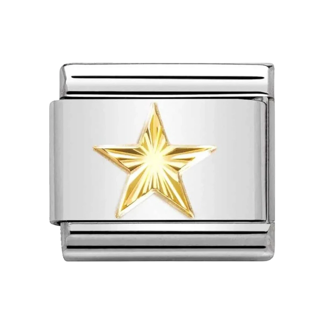 Niche Jewellery Nomination gold star charm in stainless steel with a radiant sunray bezel design for bracelet.