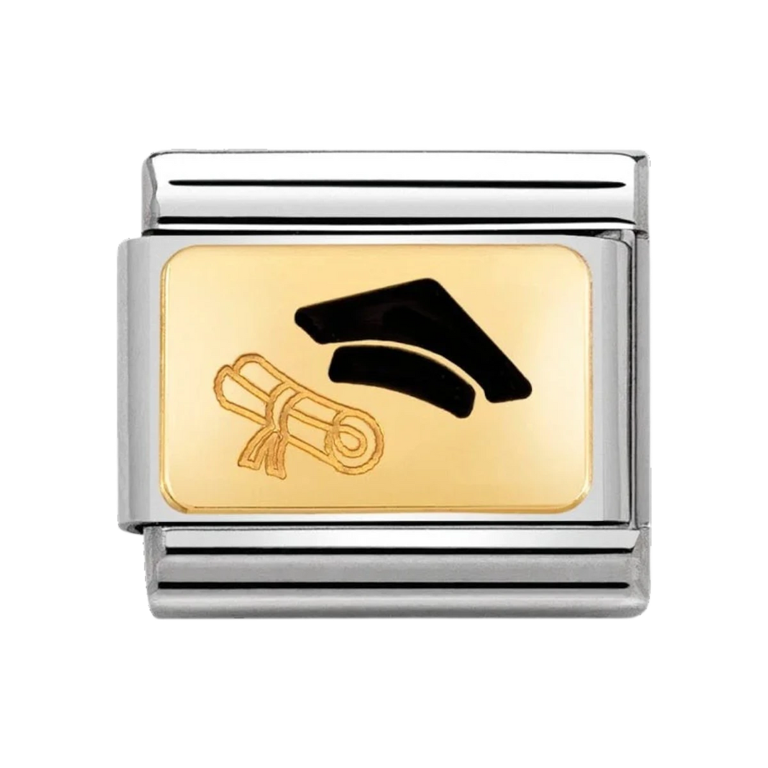 Niche Jewellery Nomination charm featuring an 18k gold plate with black enamel graduation hat and diploma design.