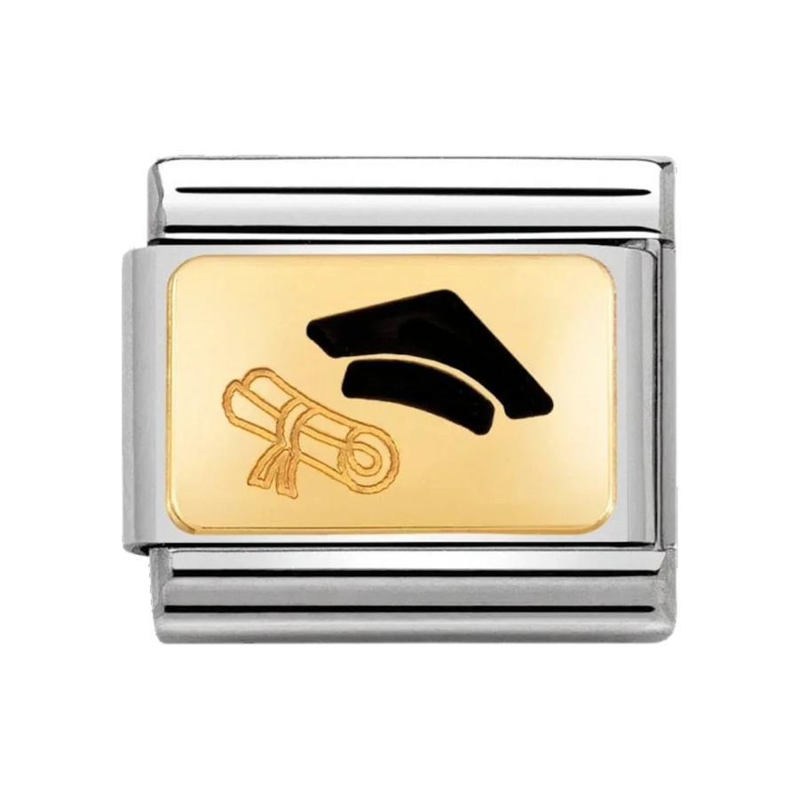 Niche Jewellery Nomination charm featuring an 18k gold plate with black enamel graduation hat and diploma design.