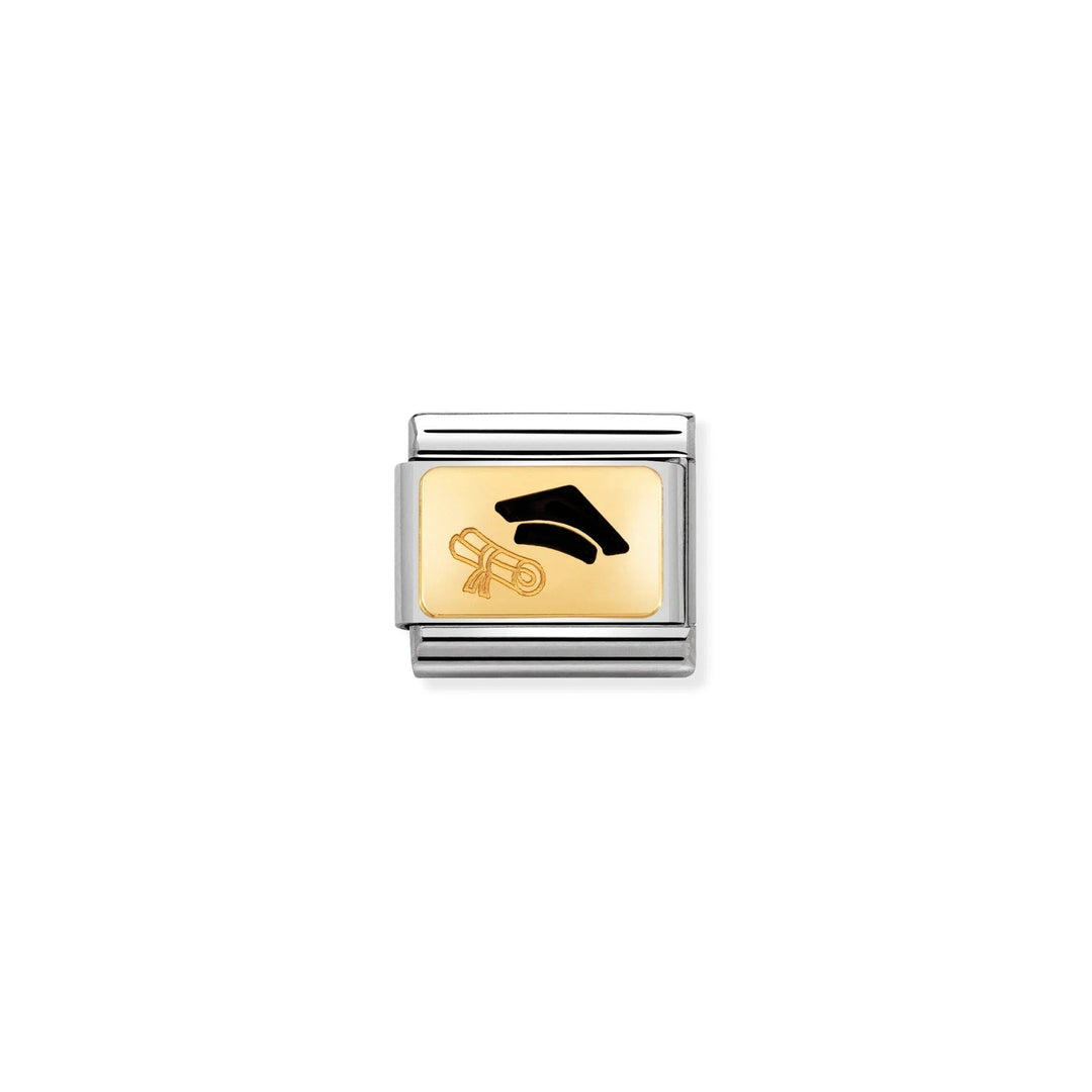 Niche Jewellery Nomination graduation charm featuring a black enamel hat and diploma on 18k gold and stainless steel