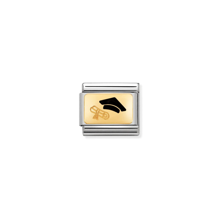 Niche Jewellery Nomination graduation charm featuring a black enamel hat and diploma on 18k gold and stainless steel