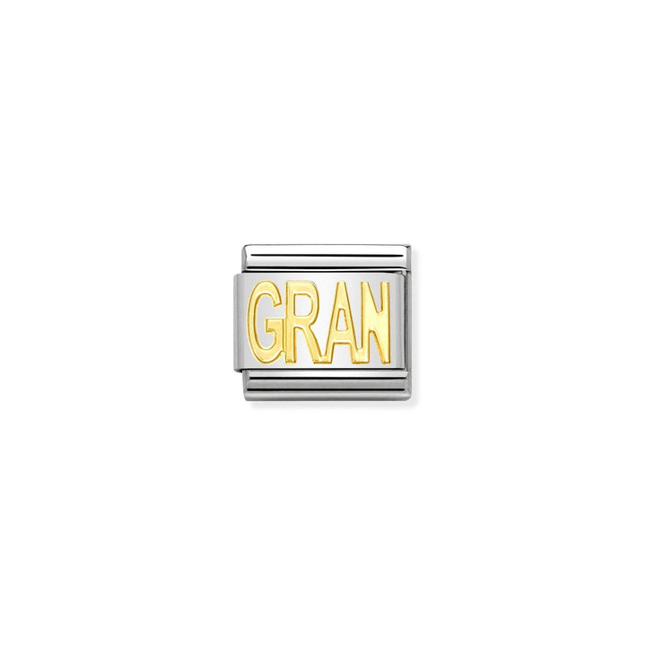 Niche Jewellery Nomination Classic charm in stainless steel with 18k gold GRAN lettering for composable bracelets.
