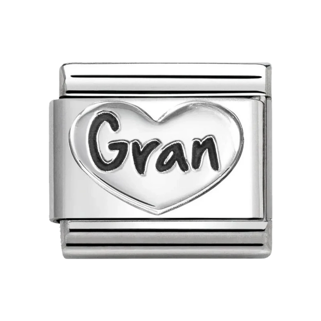 Niche Jewellery Nomination stainless steel charm featuring an oxidised silver heart with engraved Gran text