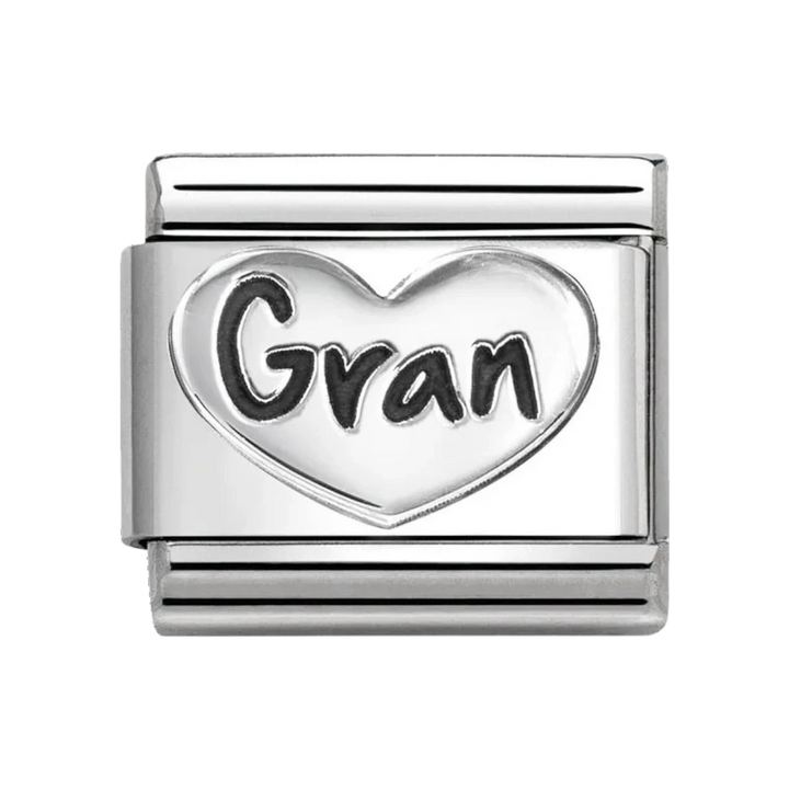 Niche Jewellery Nomination stainless steel charm featuring an oxidised silver heart with engraved Gran text