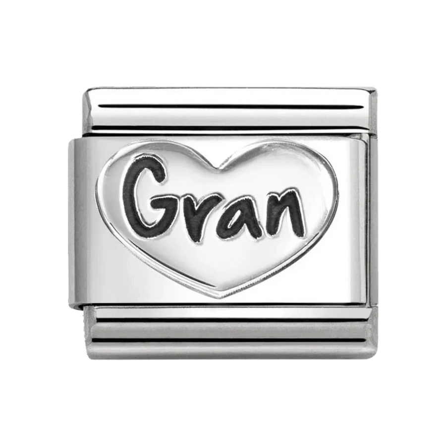 Niche Jewellery Nomination stainless steel charm featuring an oxidised silver heart with engraved Gran text