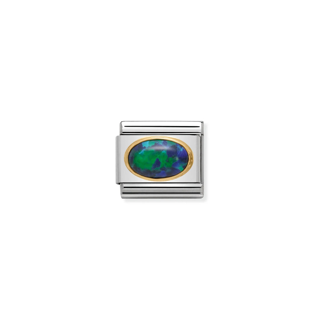 Niche Jewellery Nomination charm featuring an oval green opal stone set in gold on a stainless steel link.