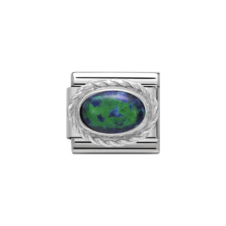 Niche Jewellery Nomination charm with oval green opal stone in a silver twist setting on a stainless steel link.