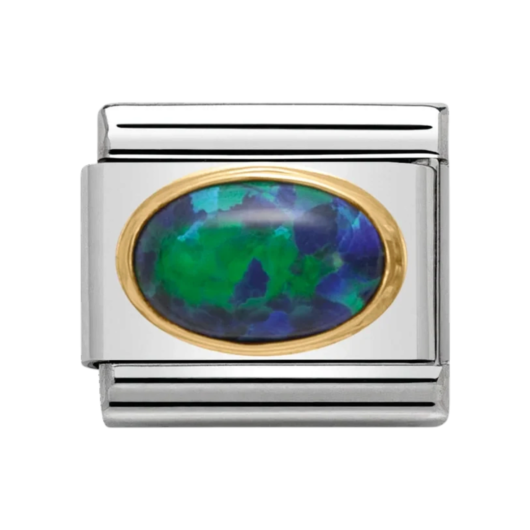 Niche Jewellery Nomination charm featuring an oval green opal stone set in gold on a stainless steel link.