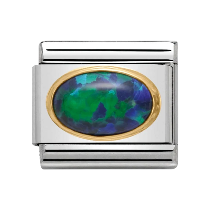 Niche Jewellery Nomination charm featuring an oval green opal stone set in gold on a stainless steel link.