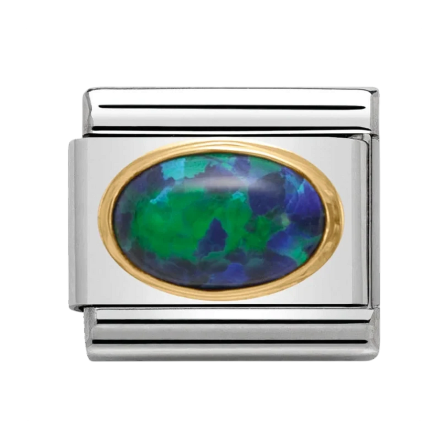 Niche Jewellery Nomination charm featuring an oval green opal stone set in gold on a stainless steel link.
