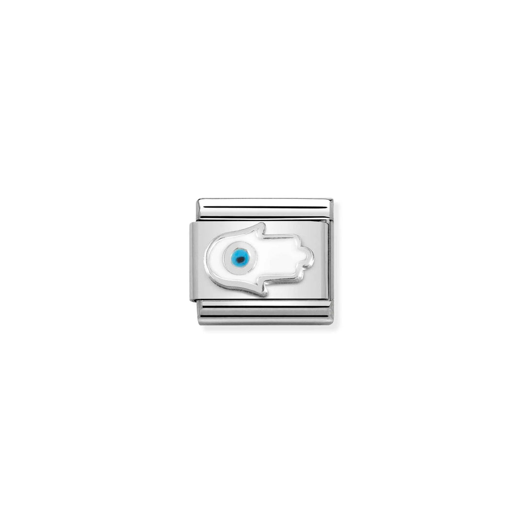 Niche Jewellery Nomination silver charm featuring a white enamel Hand of Fatima with a central blue eye detail.