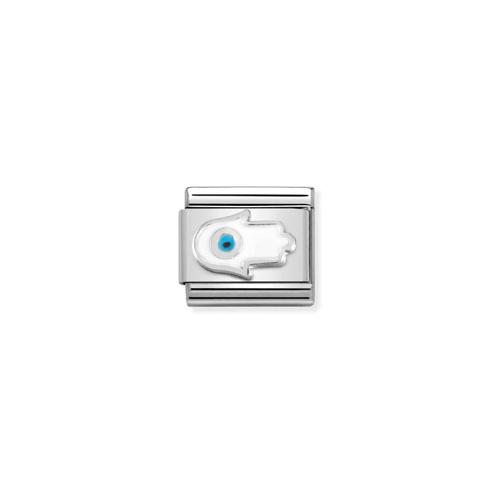 Niche Jewellery Nomination silver charm featuring a white enamel Hand of Fatima with a central blue eye detail.