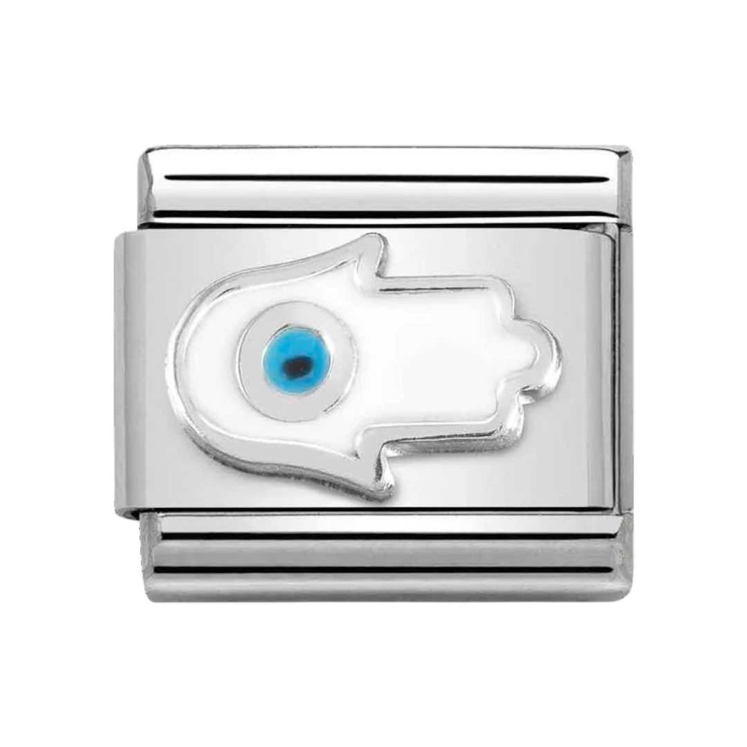Niche Jewellery Nomination silver charm featuring a white enamel Hand of Fatima with a central blue eye detail.