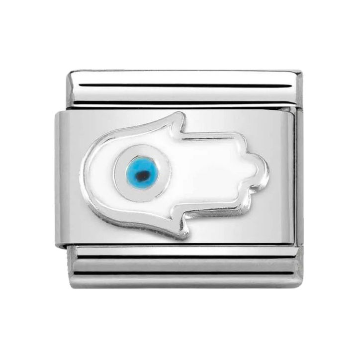 Niche Jewellery Nomination silver charm featuring a white enamel Hand of Fatima with a central blue eye detail.