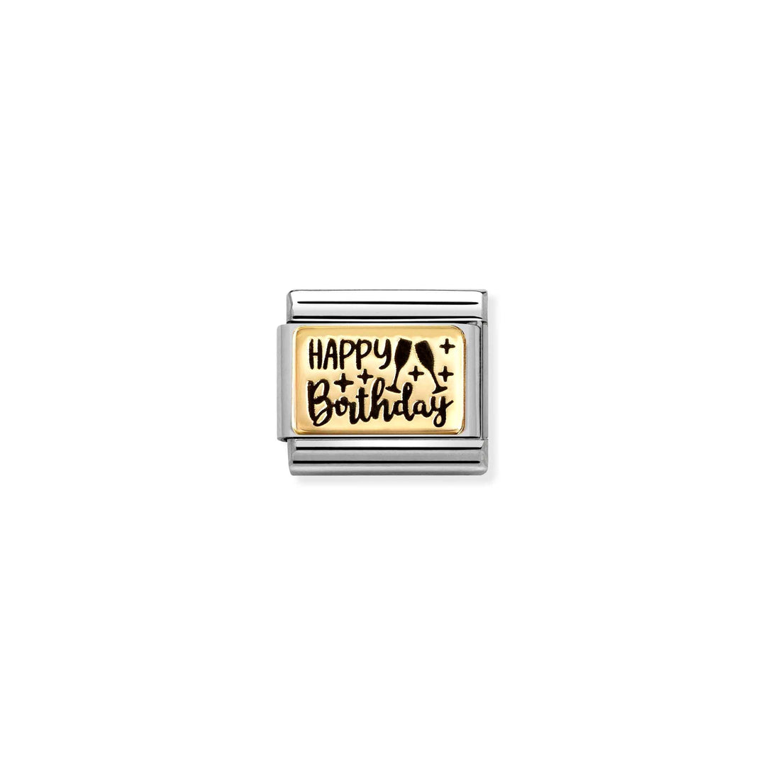 Niche Jewellery Nomination charm featuring 18k gold and stainless steel with Happy Birthday enamel text and icons.